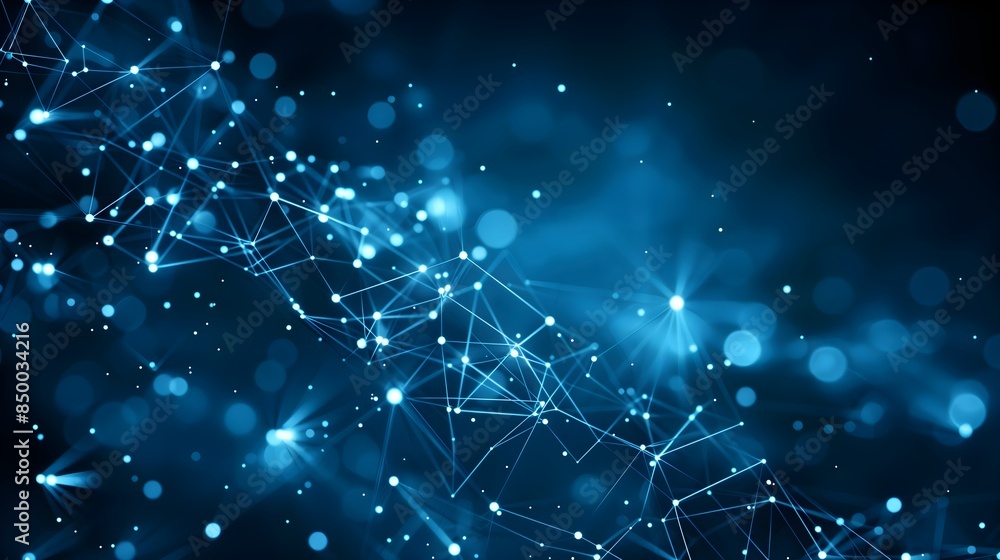 Poster a blue background with a lot of dots and lines. the background is very dark and the dots are very br