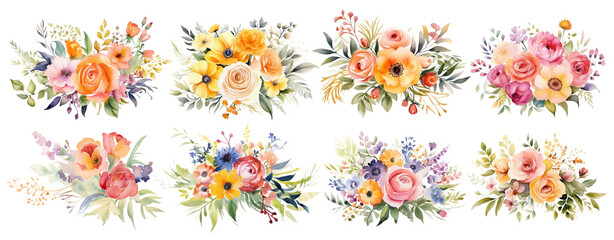Watercolor of flower bouquet png cut out element set