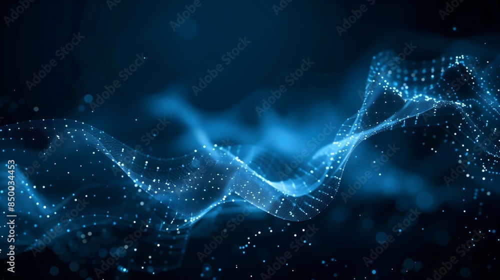 Poster a blue wave with many dots in it. the image is of a computer generated wave. ai generated.