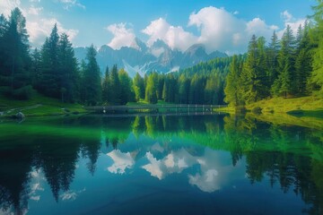 Fototapeta premium Pristine lake surrounded by lush pine forest with majestic mountain backdrop and clear blue sky, ideal for nature, landscape, and travel themes.