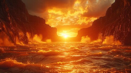 Flash flood sweeping through a canyon, turbulent water reflecting the setting sun, clear space for copy Flash flood, canyon flooding, sudden floodwaters, dramatic light