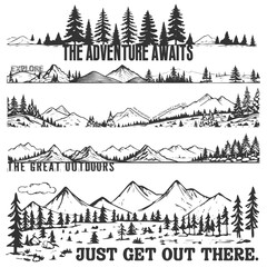 Set of 5 outdoor-themed mountain scenes with words; transparent backgrounds