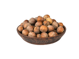 Wooden Bowl Filled with Fresh Hazelnuts on White Background