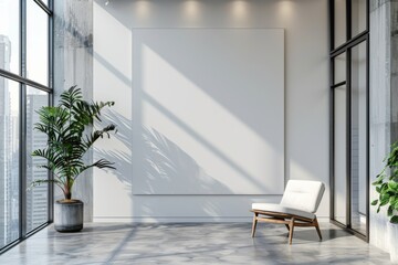 Mockup of blank wall with poster in office room created with Generative AI