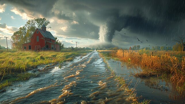 Flooded farmland with a tornado forming in the distance, turbulent weather scene, clear space for copy Global warming effects, flooded farmland, tornado formation, severe weather