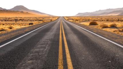 Empty straight asphalt road in the desert, isolated on transparent background