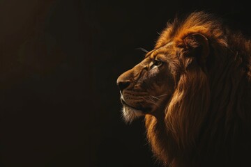 Fototapeta premium A solitary lion, with its majestic mane illuminated by the setting sun, stands tall against a dark backdrop
