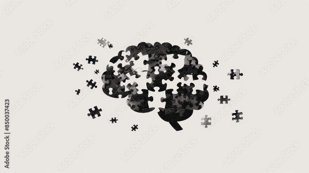 Poster a puzzle piece brain with clouds in the background. the image conveys the idea that the human brain 
