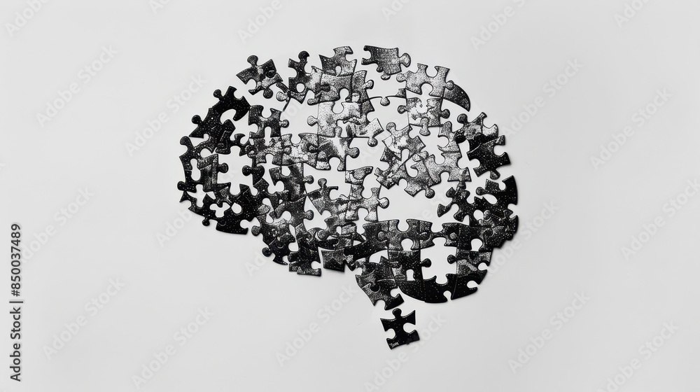 Poster a puzzle piece brain with clouds in the background. the image conveys the idea that the human brain 