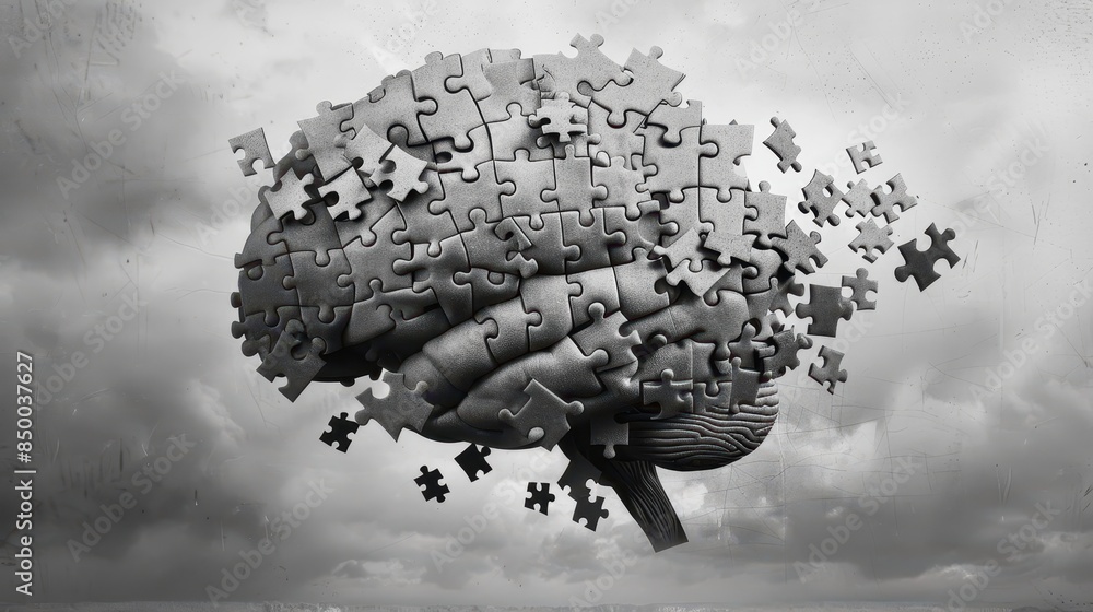 Poster a puzzle piece brain with clouds in the background. the image conveys the idea that the human brain 