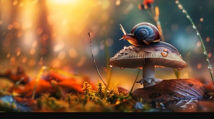Tha snail on the mushroom After the rain Sunset : Generative AI - Powered by Adobe