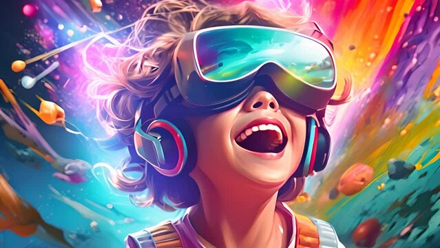 Excited child or kid wearing VR headset with a big smile on face, enjoying a virtual reality experience that sparks wonder and joy