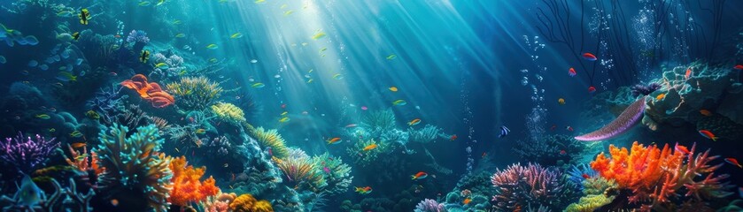 A group of scuba divers are exploring the ocean floor. The sun is shining brightly above them, creating a warm and inviting atmosphere. The divers are spread out across the scene