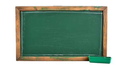 Green chalkboard with chalk and erasrer PNG isolated on transparent background