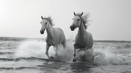 Fototapeta premium Camargue horses running through the water in the south of France A fine example of the power in these amazing animals Saintes Maries de la Mer France : Generative AI