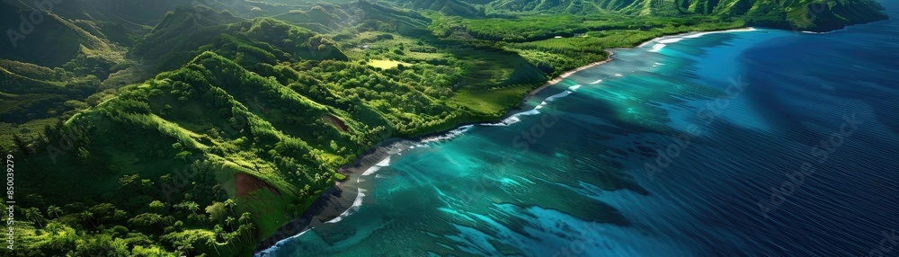 Wall mural Breathtaking aerial view of lush green coastline and pristine blue ocean waves under sunlight, offering a serene and picturesque landscape.