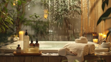 A bathroom with a tub, candles, and a shower. The tub is surrounded by bottles and a tray