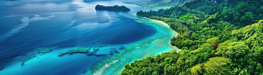 Fototapeta premium Stunning aerial view of a lush tropical island surrounded by vibrant blue ocean, showcasing the beauty of nature and marine life.