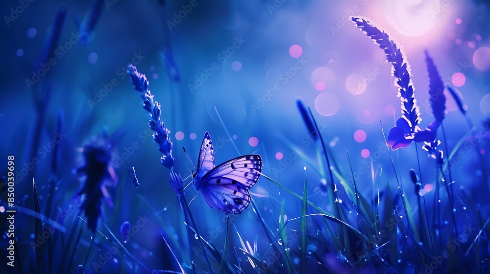 Poster butterfly in the grass on a meadow at night in the shining moonlight on nature in blue and purple to