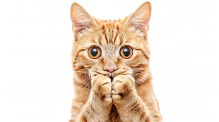 Surprised cat covering his mouth with his paws isolated on white background : Generative AI