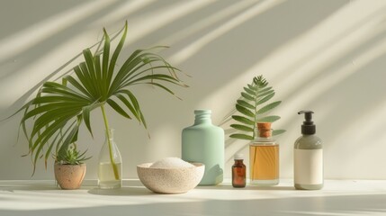 Fototapeta premium A collection of various bottles and vases with a green bowl in the middle. The bottles and vases are arranged in a way that creates a sense of harmony and balance