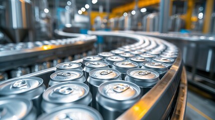 Modern factory production line of canned beverages on conveyor belt