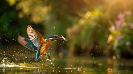 Obraz premium Common European Kingfisher Alcedo atthis river kingfisher flying after emerging from water with caught fish prey in beak on green natural background : Generative AI