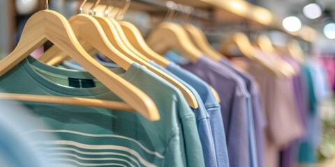 A row of hanging shirts on wooden hangers in different colors including blue, green and purple with white stripes. Shopping concept