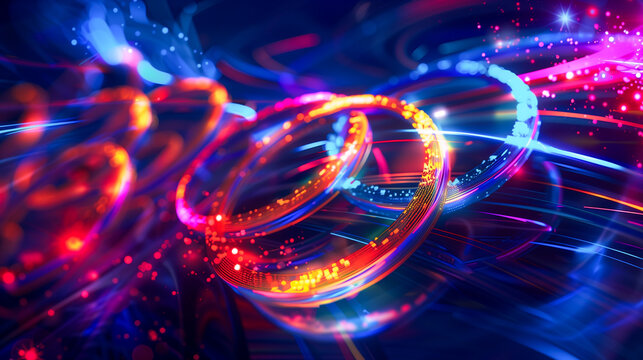 Glowing rings of neon purple, yellow, and pink in vibrant colours for international sports games. Abstract symbol background for athletic finish for a first place in competition 