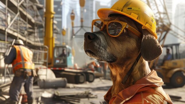 Photorealistic image of a dog wearing eyeglasses and a bright yellow construction hat The dog is sitting attentively