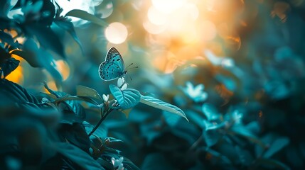 Beauty in nature Tranquil closeup of butterfly soft morning sunlight pastel colors Peaceful bright blue green blur lush foliage Sunset abstract macro spring nature amazing artistic nat : Generative AI