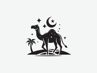 Fototapeta premium Eid al adha camel design. Camel vector design. Eid Mubarak. Premium. Star. Half moon. Black color camel art. Animale. Adha Mubarak. Eid festival.