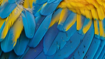 Fototapeta premium An amazing blue background of puffy bird feathers the fascinated Yellow and Blue macaw birds wing texture : Generative AI
