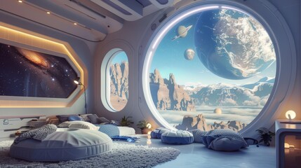 Kids' room with a futuristic space theme, planetary designs on walls, view of mountains, digital illustration