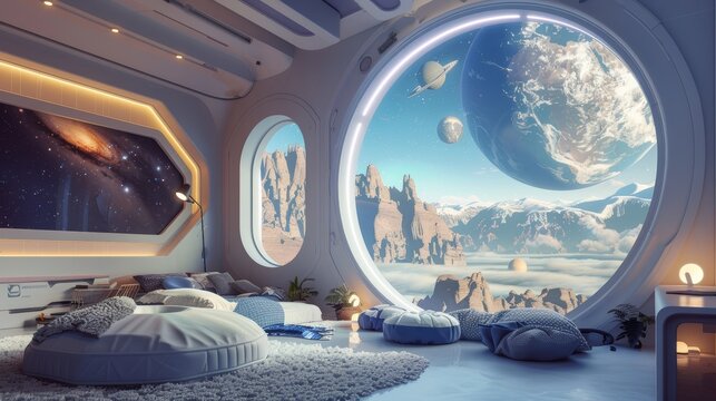 Kids' room with a futuristic space theme, planetary designs on walls, view of mountains, digital illustration