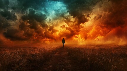 Fototapeta premium Lone silhouette heading towards a menacing stormy sky, field in the foreground, firestorm consuming the background, intense and captivating