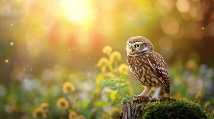 Cute owl colorful nature background Bird Little owl Athene noctua : Generative AI