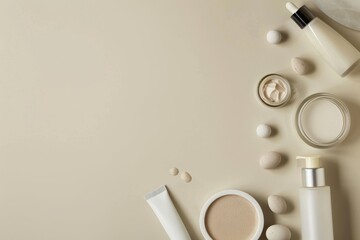 Neutral background with ample space for text alongside cosmetics.