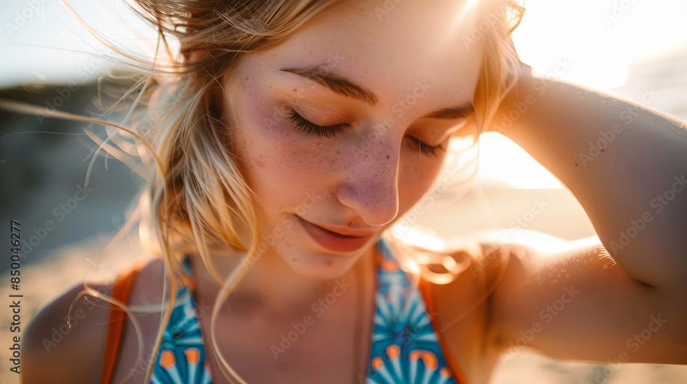 Wall mural an attractive blonde woman wearing a blue and orange printed tank top, posing on the beach, generative AI