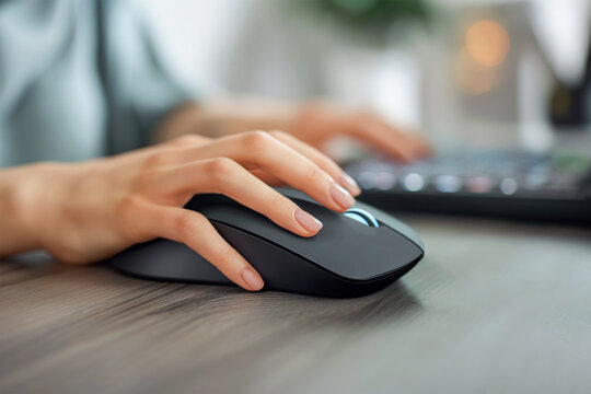 Closeup woman hand using computer mouse on table.