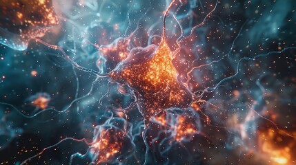 Microscopic view of neurons firing, detailed atoms swirling around, creating an electrifying dance of life and energy