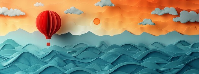 Fototapeta premium Minimalist paper artwork of a hot air balloon drifting across a blank sky, symbolizing freedom and adventure. paper style.