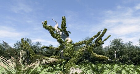 Mossy fallen tree in a forest. Fresh green in daytime blue sky. 3D rendering.