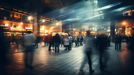 Crowded public place with people passing by, traffic flow motion blur effect illustration.