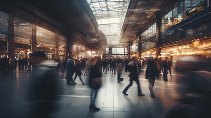 Fototapeta premium Crowded public place with people passing by, traffic flow motion blur effect illustration.