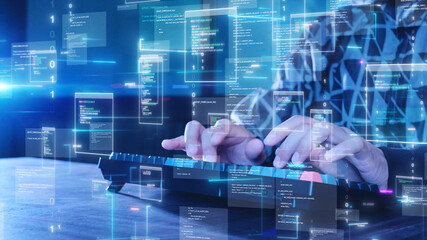 Software developer typing on a keyboard, with digital codes and abstract programming languages floating in the air.