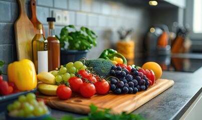 A vibrant kitchen countertop with a variety of fresh fruits and vegetables ready for a healthy meal...