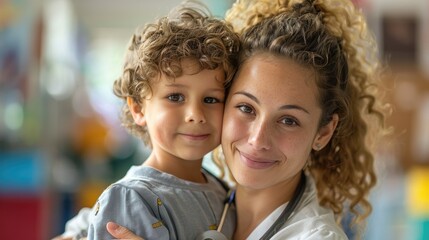Fototapeta premium Friendly female doctor smiling and hugging a young child in a hospital setting, showing warmth and care in healthcare.