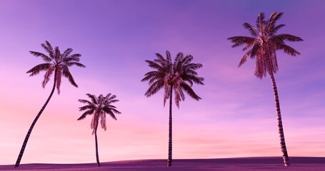 Palm trees lining the sandy beach. Pink and purple summer landscape. 3D rendering.