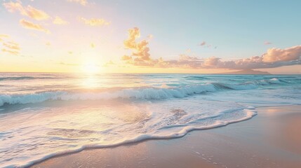 Obraz premium Serene Sunrise Over a Tranquil Beach with Gentle Waves and Soft Clouds in a Pastel Sky